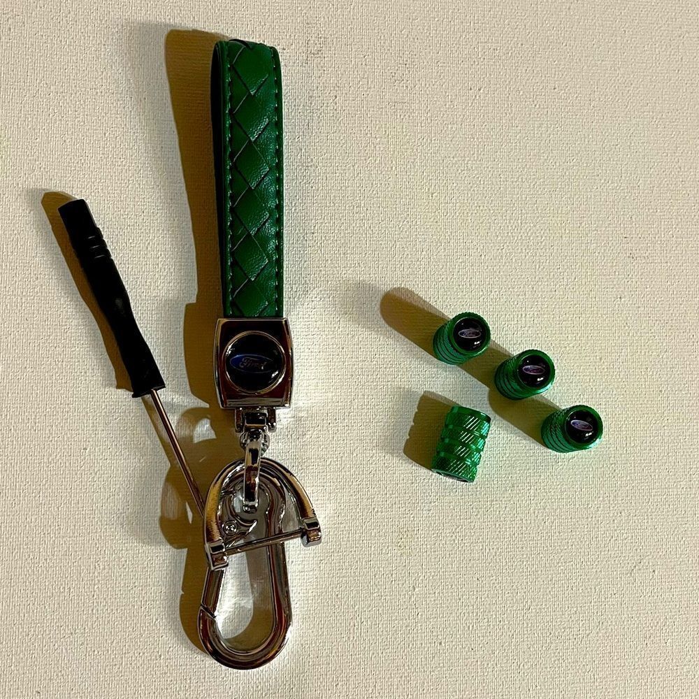 Ford logo fob Keychain in green leather & valve Stem Caps in green NWT